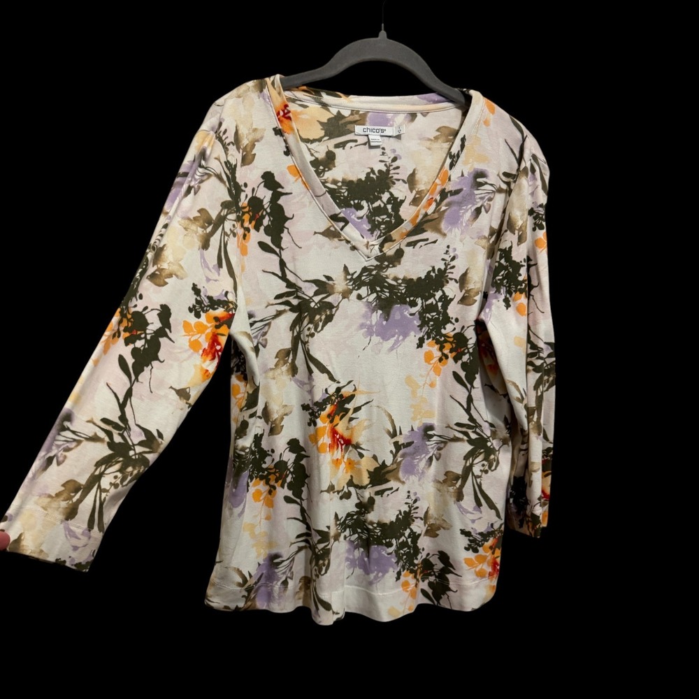 Chico's Pima Cotton Floral V-Neck Top Women's 1 M Cream Cottagecore Botanical